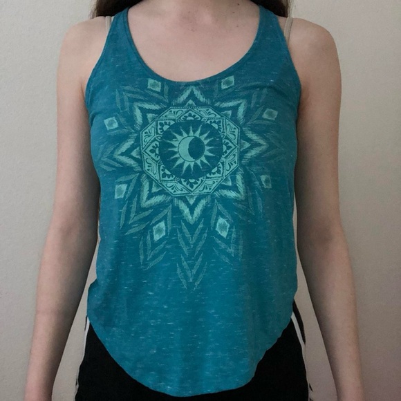 turquoise blue tank top with geometric symbol print design - Picture 2 of 4